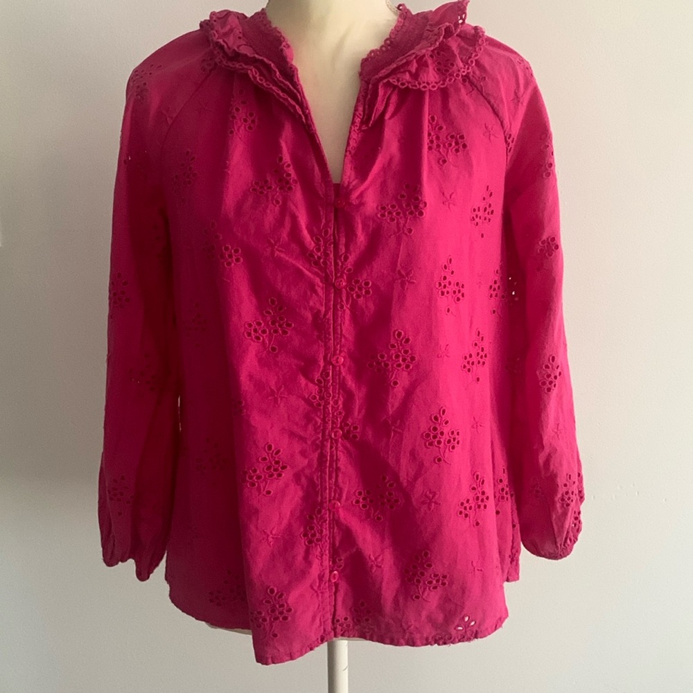 J. Crew pink top blouse embroidered eyeholes elastic sleeve button up collar XS
